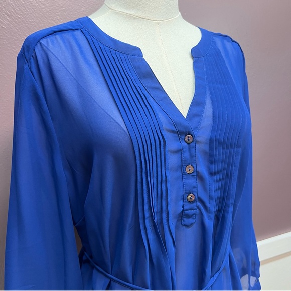 Motherhood Blue Tunic with Tie Front and Mandarin Collar - Picture 3 of 6